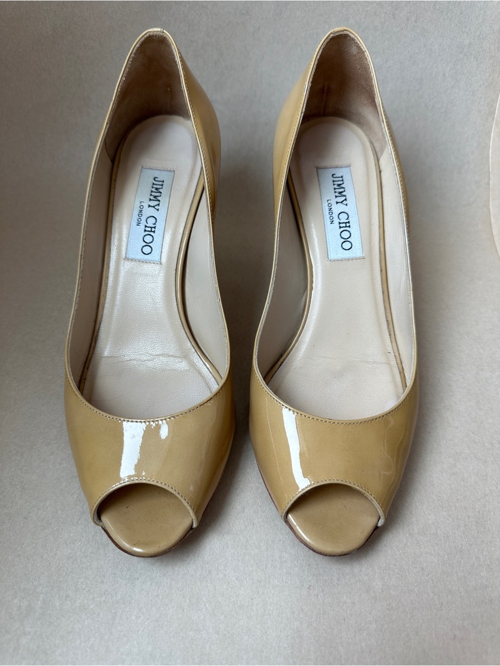 Jimmy Choo Beige Patent Leather Peep-Toe Pumps